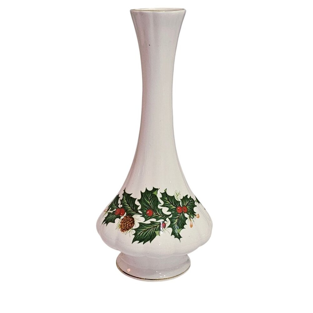 Rosina Yuletide Bud Vase 7" scalloped Christmas holly gold Queens Pottery Englan - Picture 2 of 6